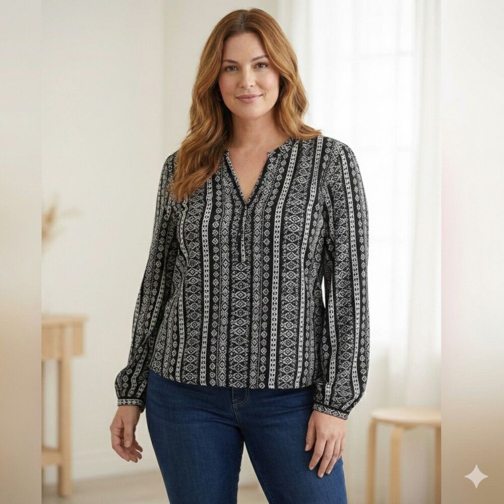 Women's Printed Henley Knit Long Sleeved Shirt 1X NWT